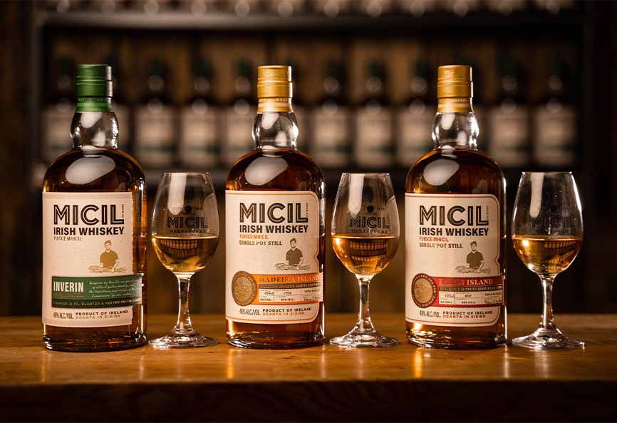 Micil Distillery Irish Whiskey Trio Core Range Bottles and glasses